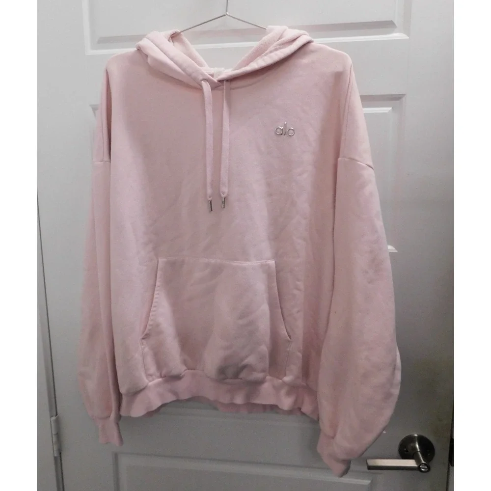 Alo Yoga Accolade Hoodie Pullover Drawstring Fleece Cotton Pink $148rt sz L